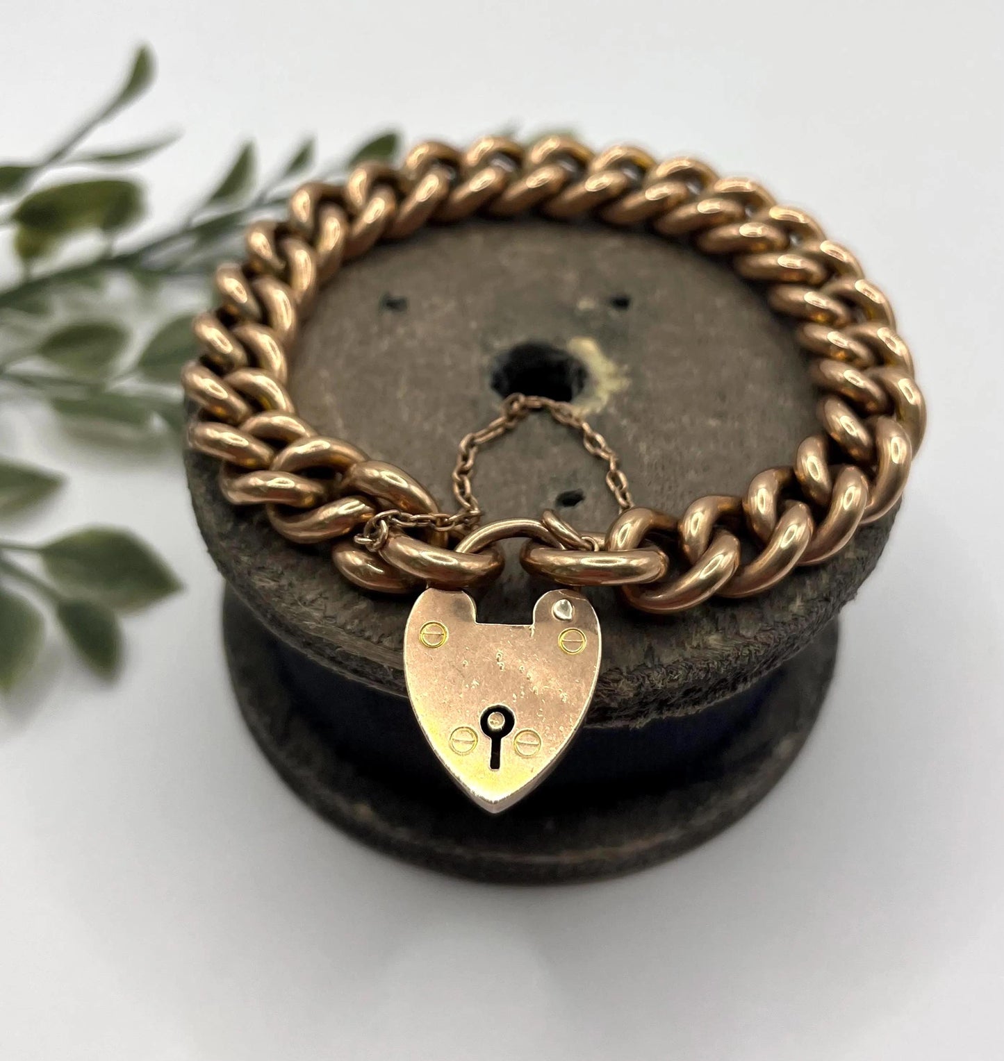 Antique Edwardian 9 ct Rose Gold Curb Bracelet With Heart Padlock