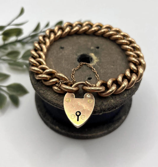Antique Edwardian 9 ct Rose Gold Curb Bracelet With Heart Padlock