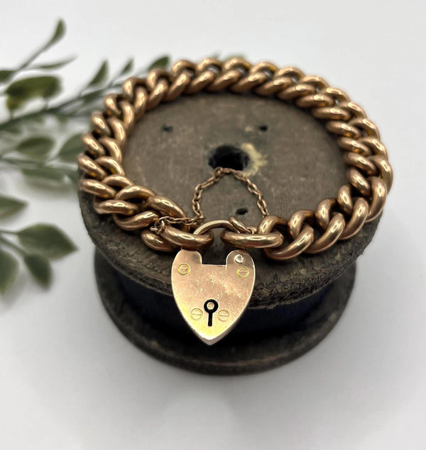 Antique Edwardian 9 ct Rose Gold Curb Bracelet With Heart Padlock