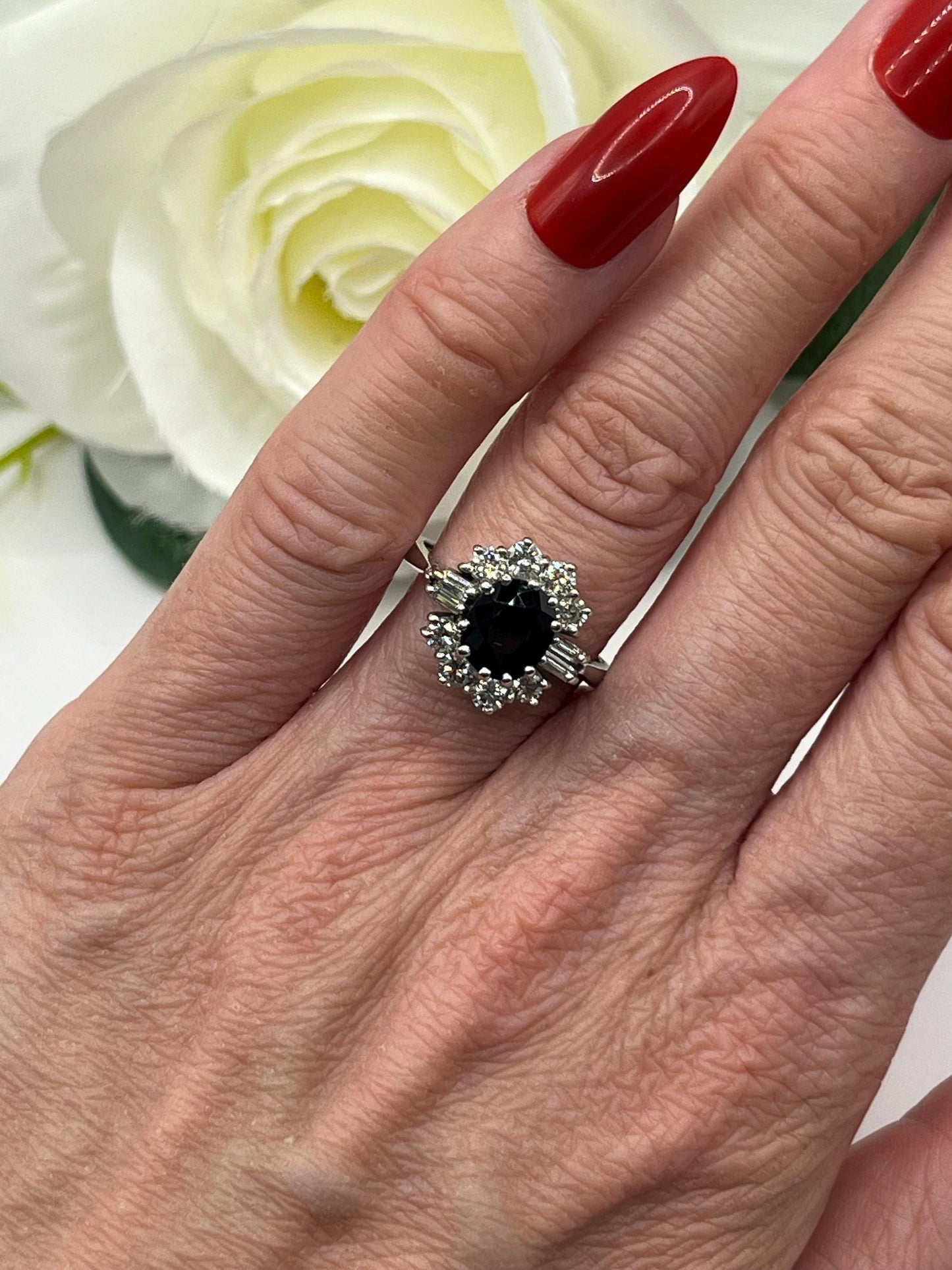 Vintage 18ct White Gold, Sapphire & Diamond Cluster Engagement Ring, Circa 1980s