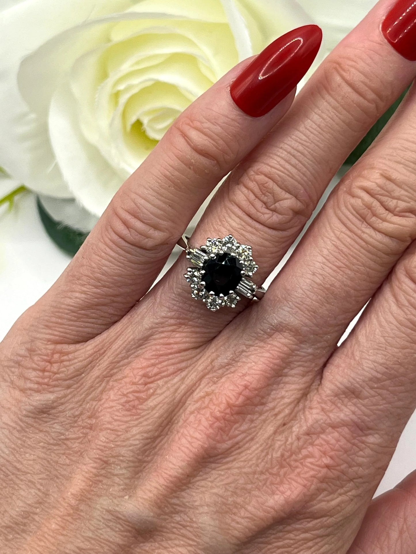 Vintage 18 Carat White Gold Sapphire and Diamond Cluster Ring, Circa 1980