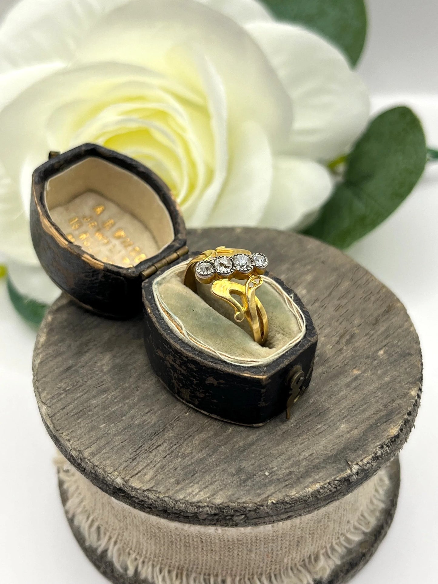 Antique Art Nouveau 14 Carat Yellow Gold Four Stone Diamond Ring