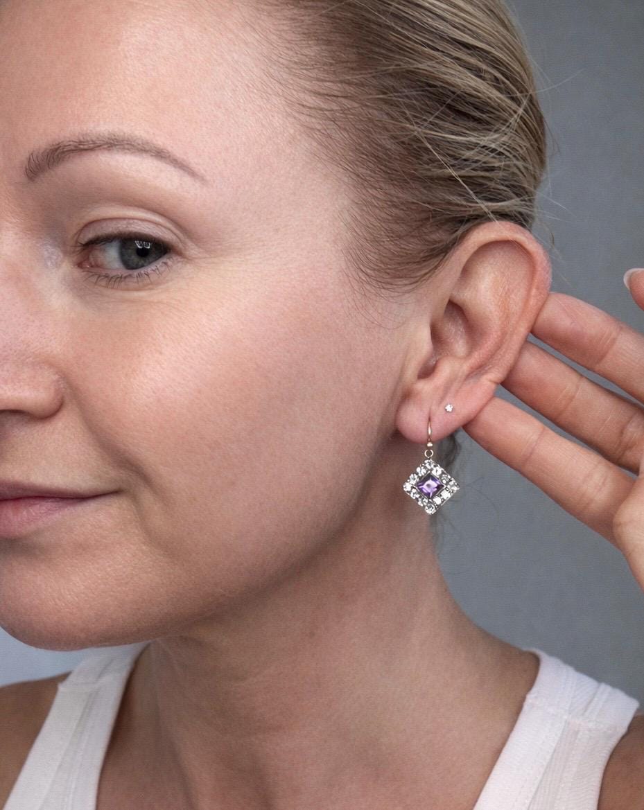 Antique 18ct Gold & Silver, Victorian Amethyst and Diamond Earrings