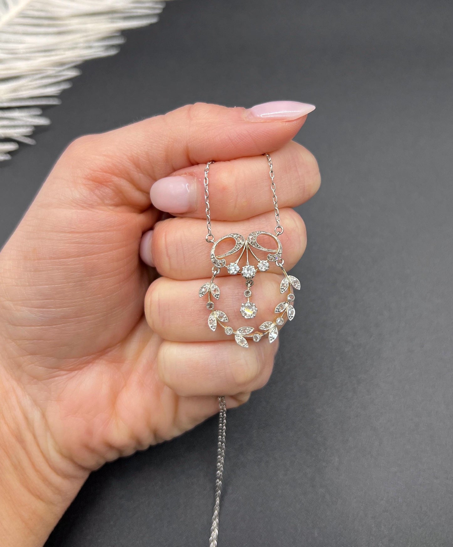 Antique 18ct Gold & Platinum, Edwardian Diamond Floral Pendant Necklace