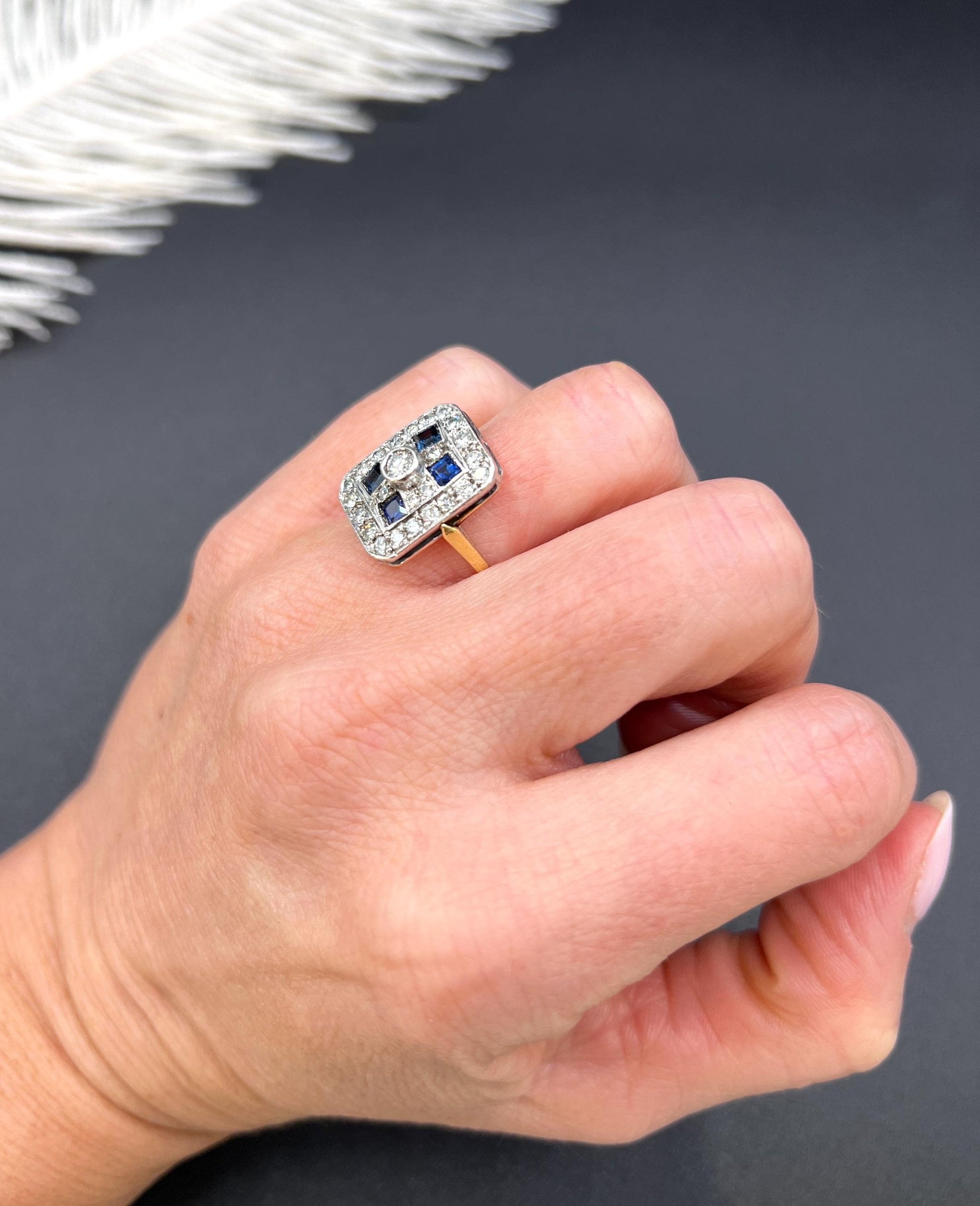 Antique Platinum, Edwardian Sapphire and Diamond Rectangular Shaped Ring