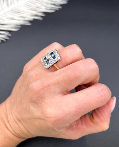 Antique Platinum, Edwardian Sapphire and Diamond Rectangular Shaped Ring