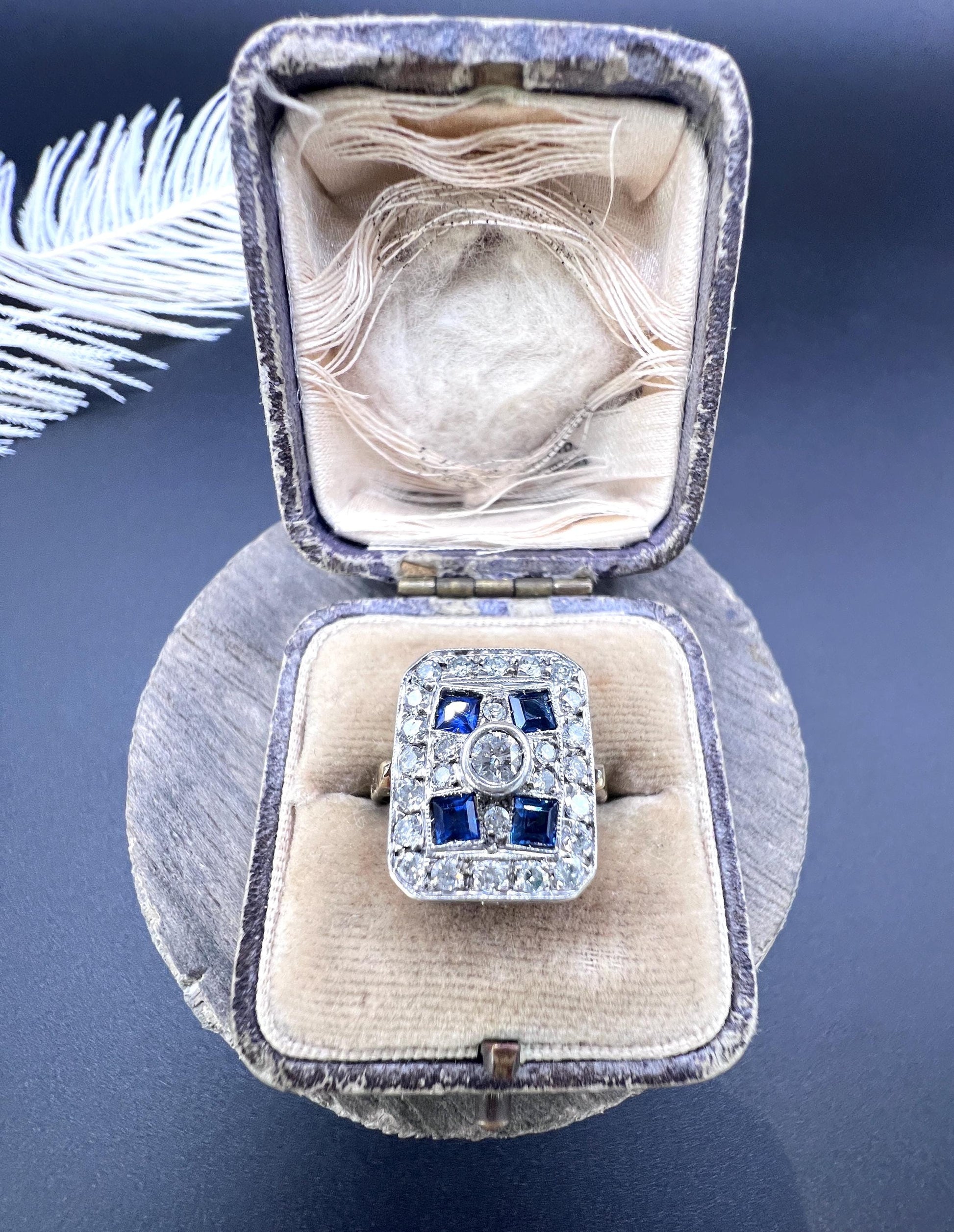 Antique Platinum, Edwardian Sapphire and Diamond Rectangular Shaped Ring