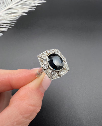 Antique Platinum, Edwardian Sapphire and Diamond Rectangular Shaped Cluster Ring