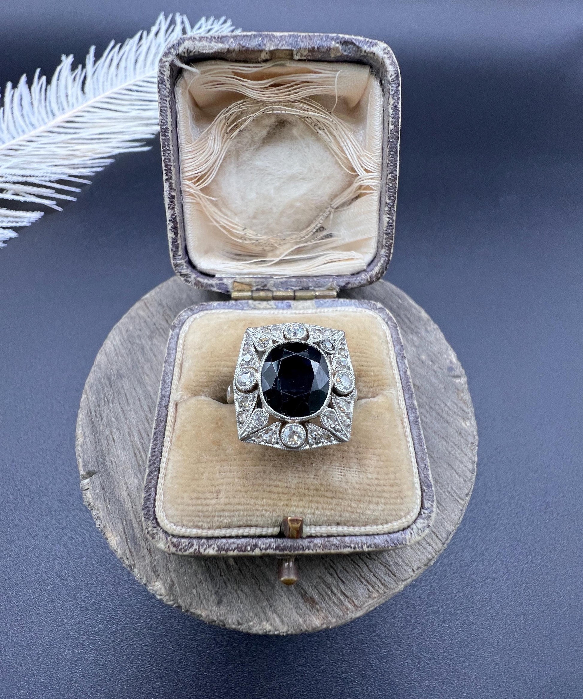 Antique Platinum, Edwardian Sapphire and Diamond Rectangular Shaped Cluster Ring