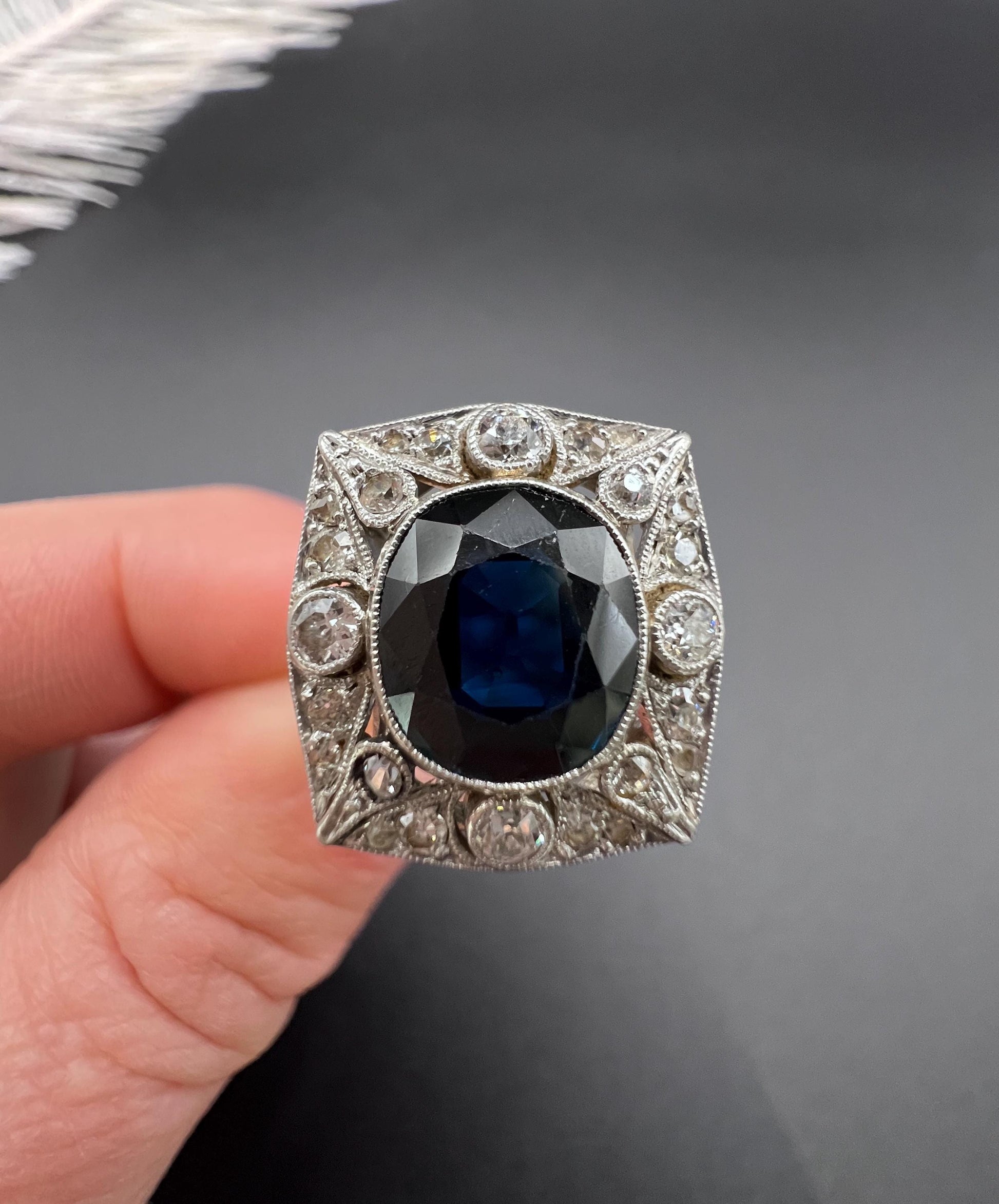 Antique Platinum, Edwardian Sapphire and Diamond Rectangular Shaped Cluster Ring
