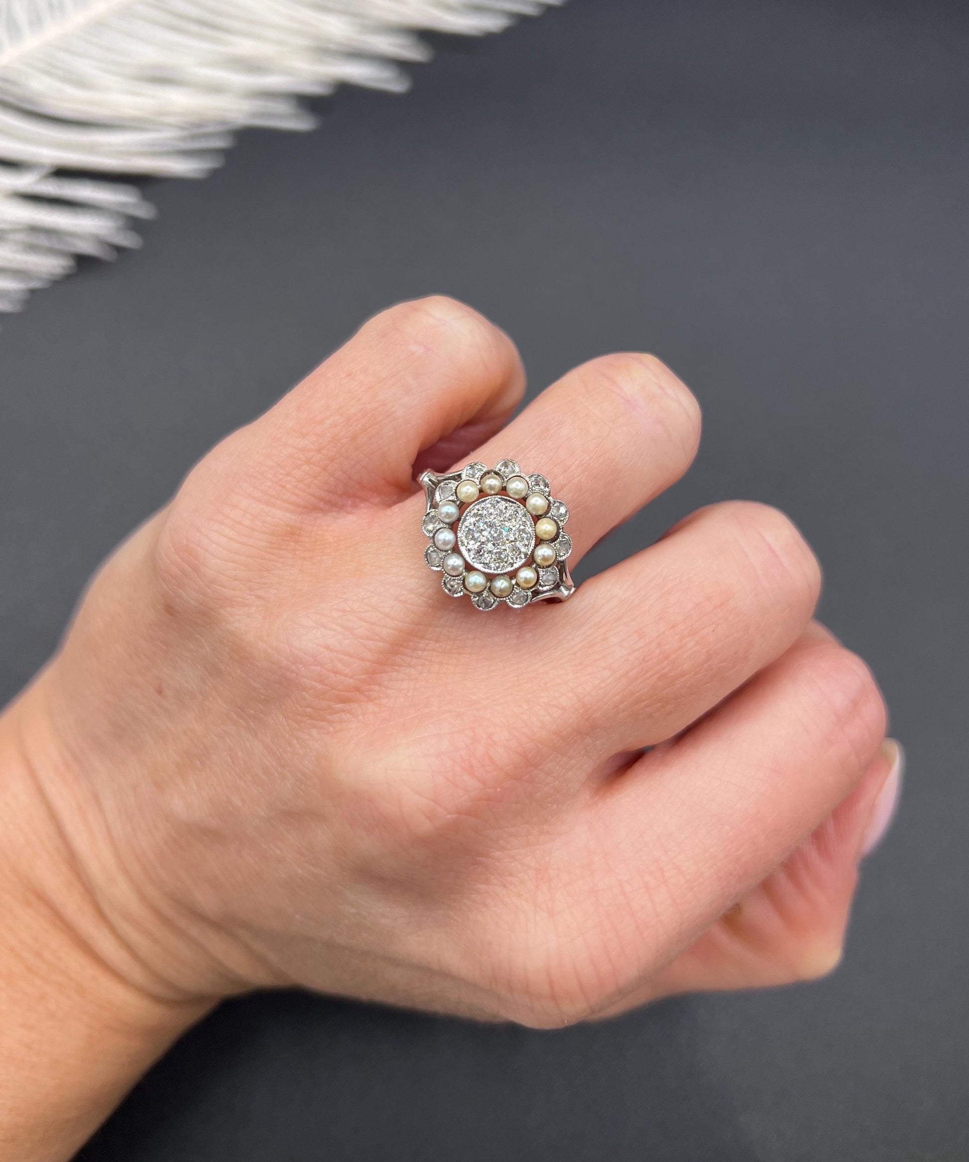 Antique 18ct White Gold & Platinum, Diamond and Pearl Cluster Ring