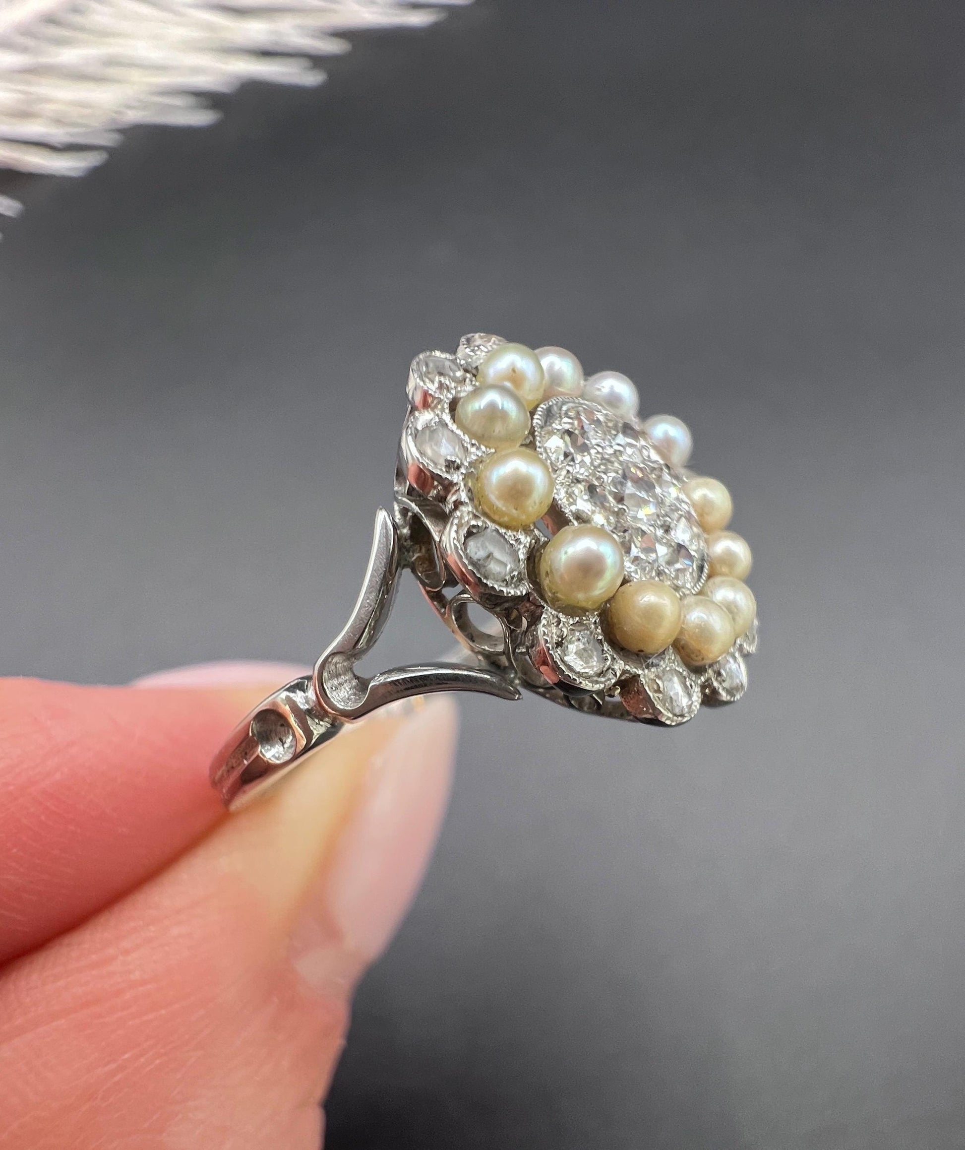 Antique 18ct White Gold & Platinum, Diamond and Pearl Cluster Ring