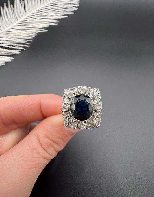 Antique Platinum, Edwardian Sapphire and Diamond Rectangular Shaped Cluster Ring