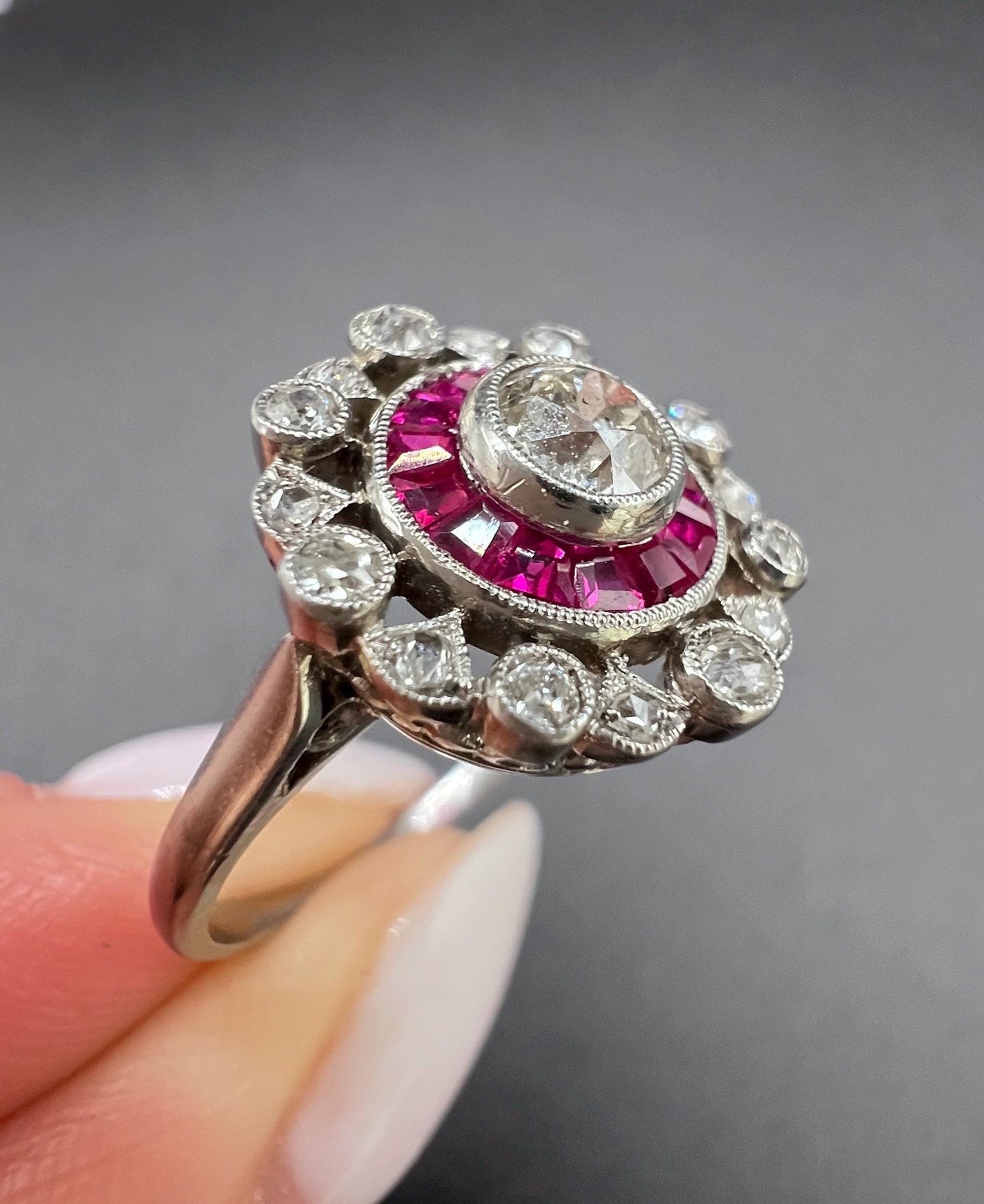 Antique 18ct Gold & Platinum, Art Deco Ruby and Diamond Fancy Target Ring