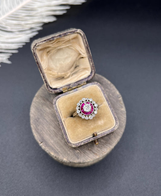 Antique 18ct Gold & Platinum, Art Deco Ruby and Diamond Fancy Target Ring