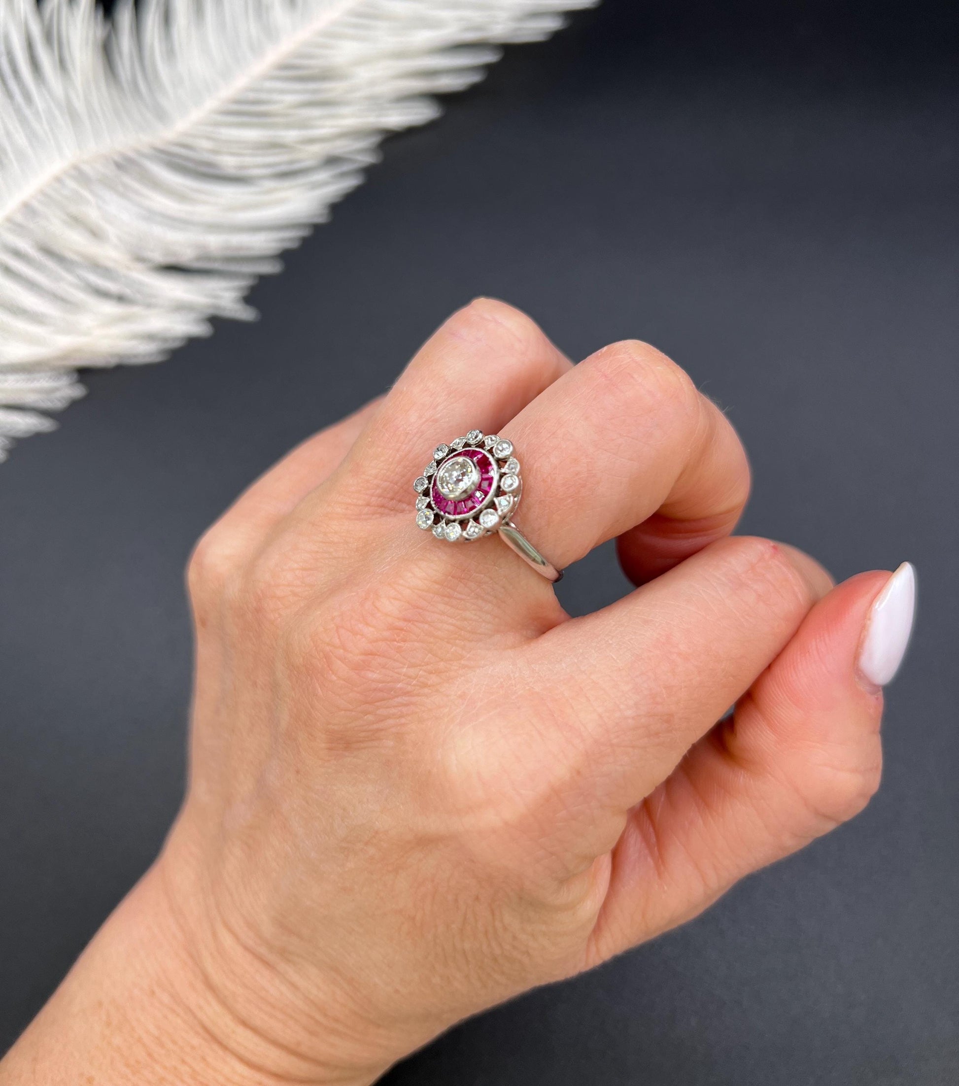 Antique 18ct Gold & Platinum, Art Deco Ruby and Diamond Fancy Target Ring