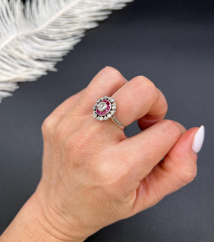 Antique 18ct Gold & Platinum, Art Deco Ruby and Diamond Fancy Target Ring