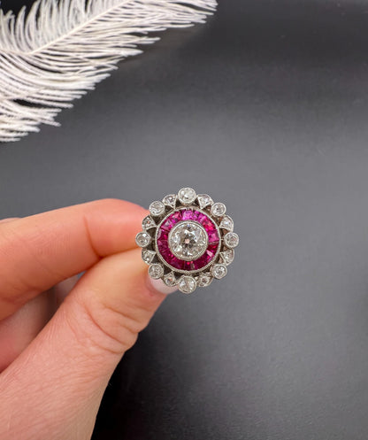 Antique 18ct Gold & Platinum, Art Deco Ruby and Diamond Fancy Target Ring