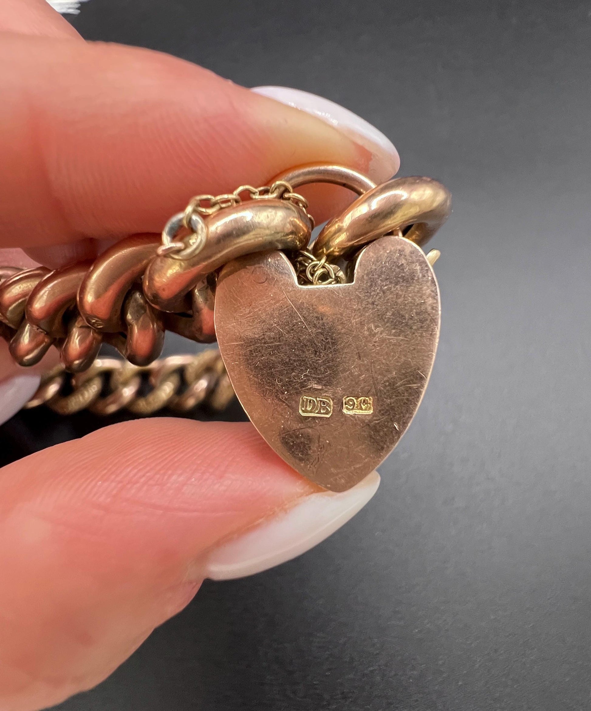 Antique 9ct Rose Gold Curb Bracelet: Victorian Night & Day Heart Padlock