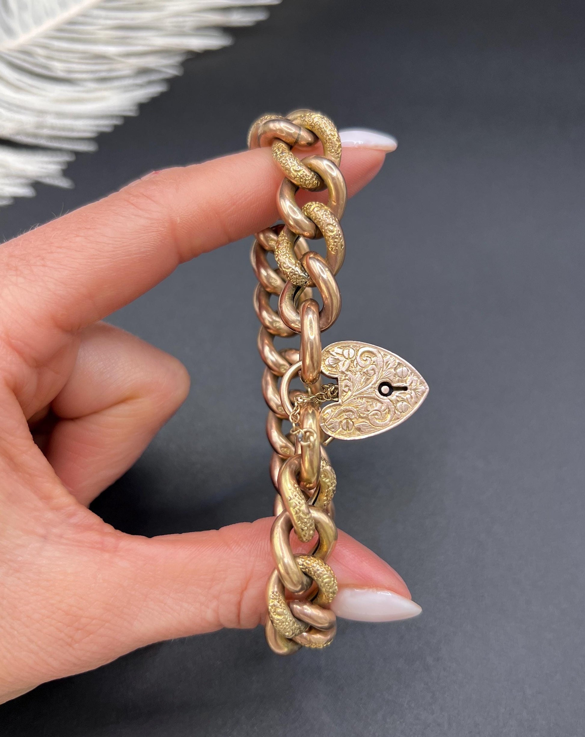 Antique 9ct Rose Gold Curb Bracelet: Victorian Night & Day Heart Padlock