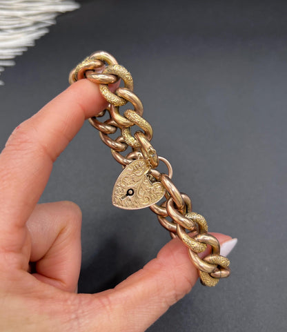 Antique 9ct Rose Gold Curb Bracelet: Victorian Night & Day Heart Padlock