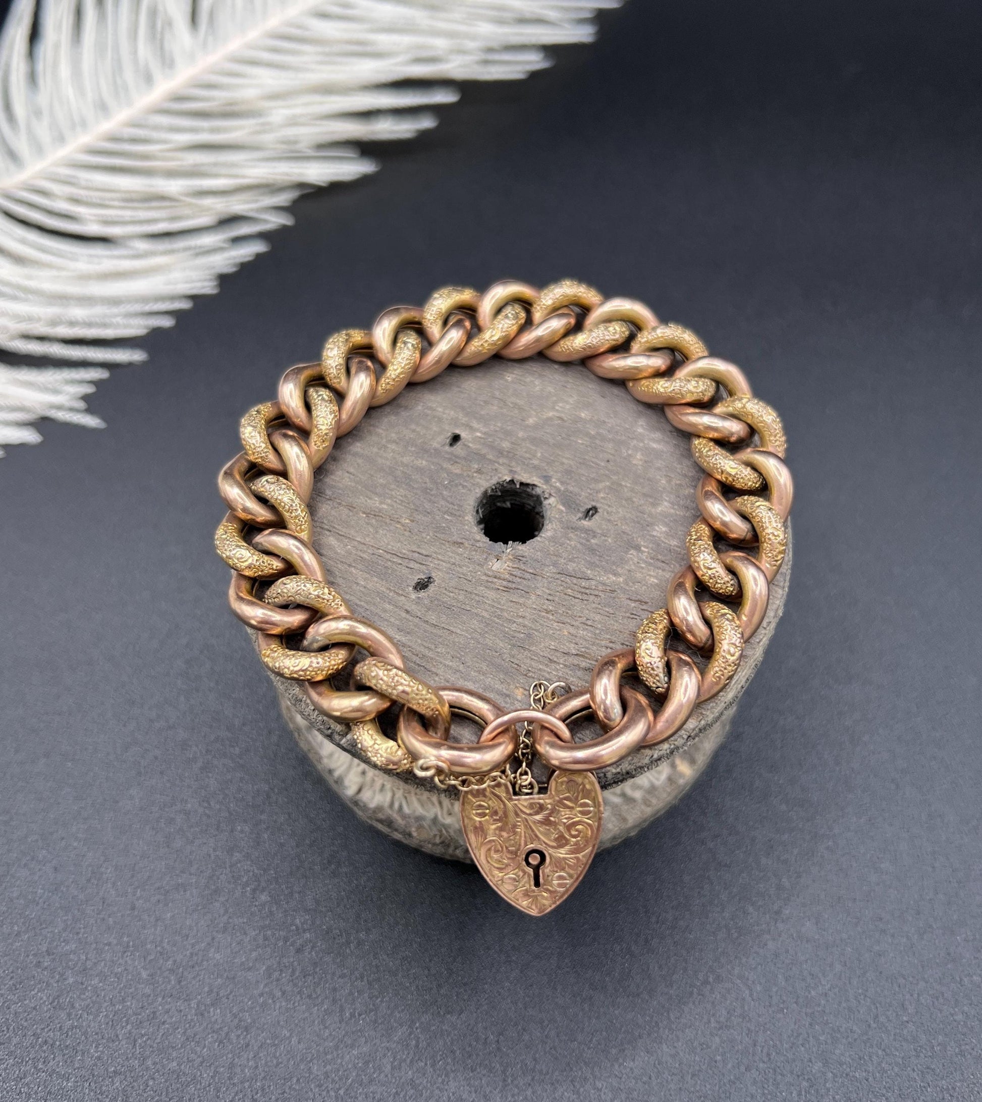 Antique 9ct Rose Gold Curb Bracelet: Victorian Night & Day Heart Padlock