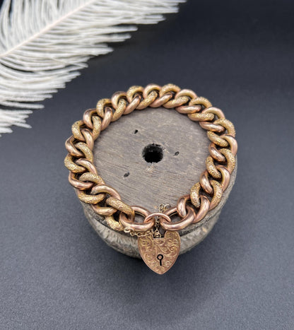 Antique 9ct Rose Gold Curb Bracelet: Victorian Night & Day Heart Padlock