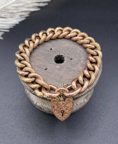 Antique 9ct Rose Gold Curb Bracelet: Victorian Night & Day Heart Padlock