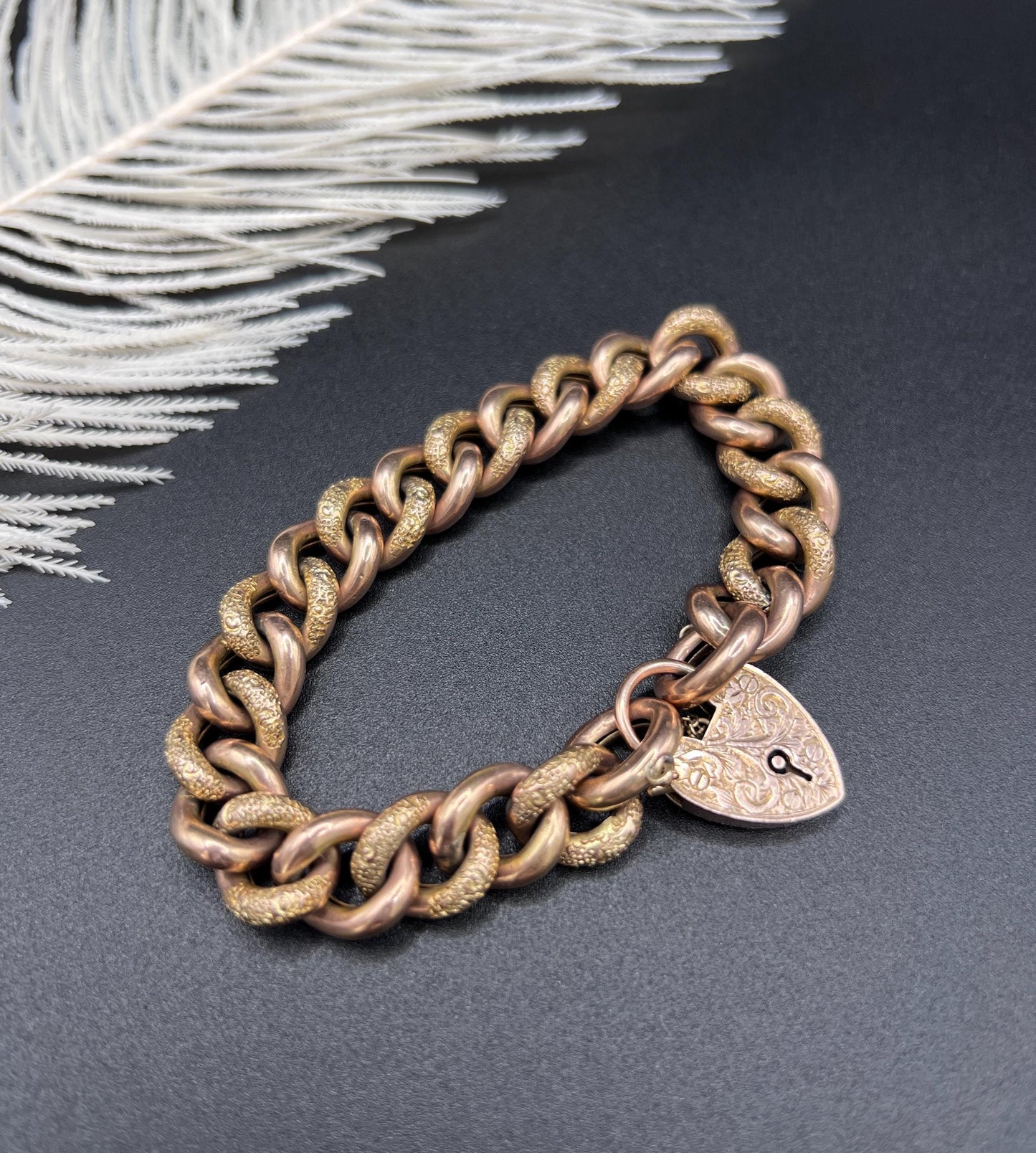 Antique 9ct Rose Gold Curb Bracelet: Victorian Night & Day Heart Padlock