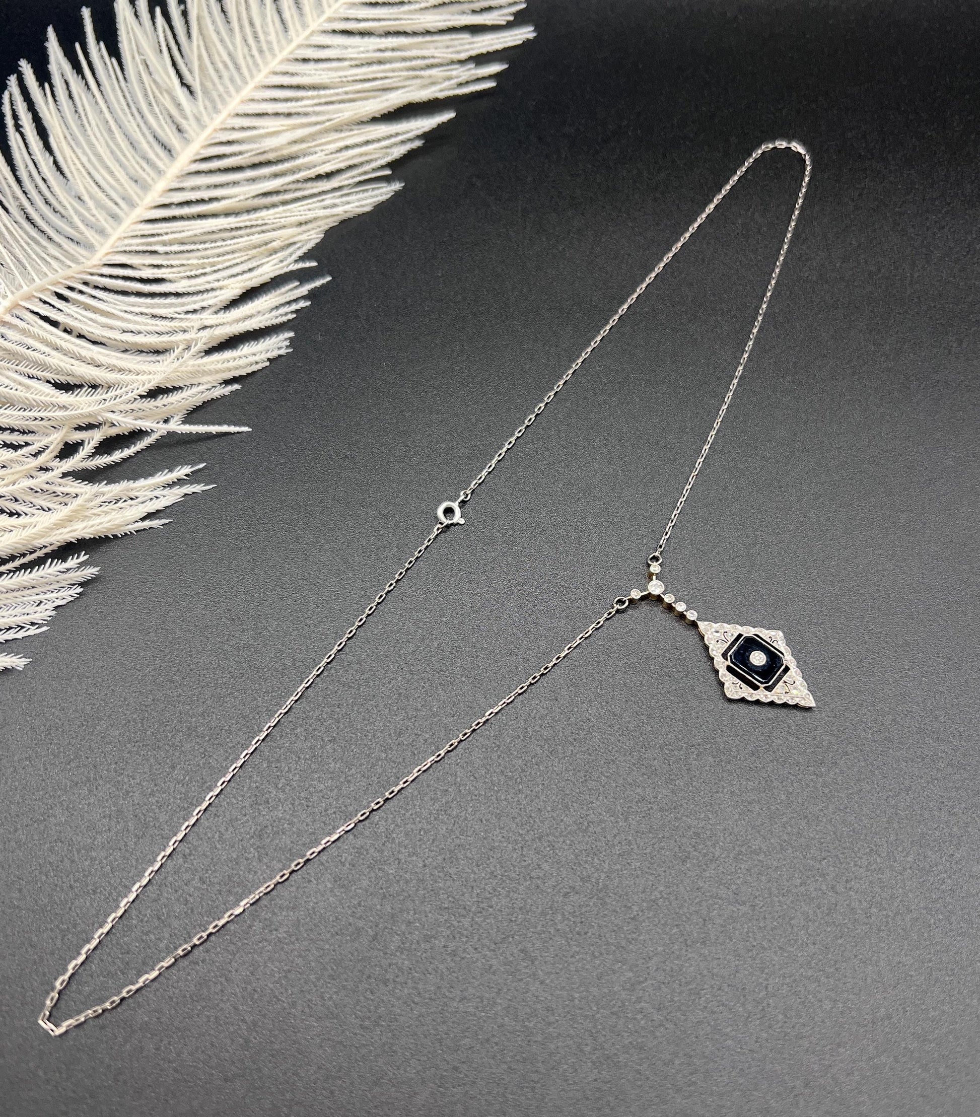 Antique 18ct Gold & Platinum, Edwardian Onyx and Diamond Pendant Necklace