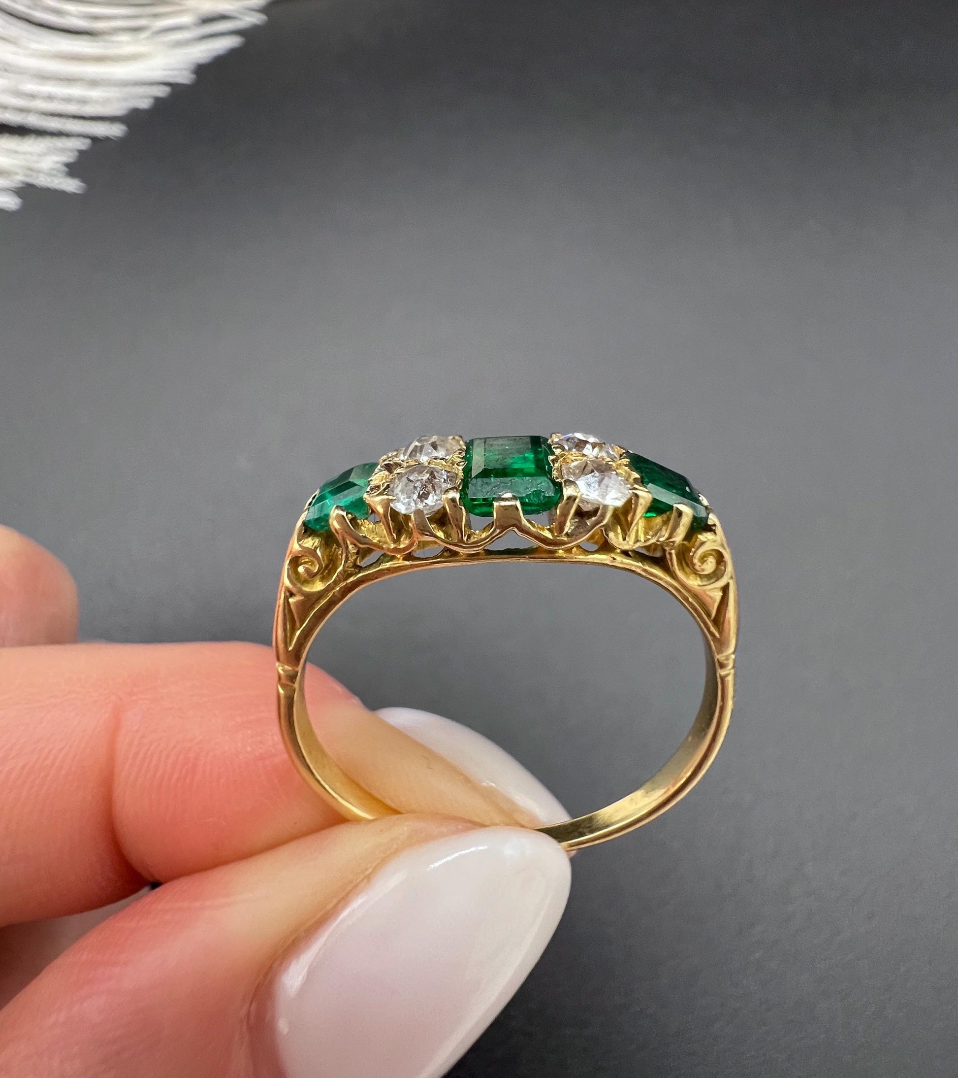Antique 18ct Yellow Gold, Victorian Emerald and Diamond Carved Ring