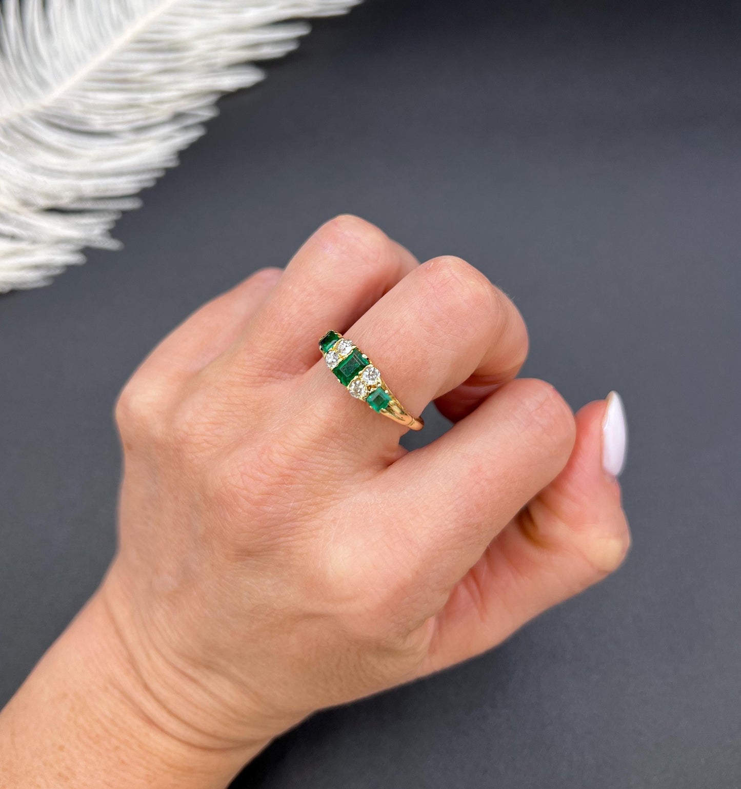 Antique 18ct Yellow Gold, Victorian Emerald and Diamond Carved Ring