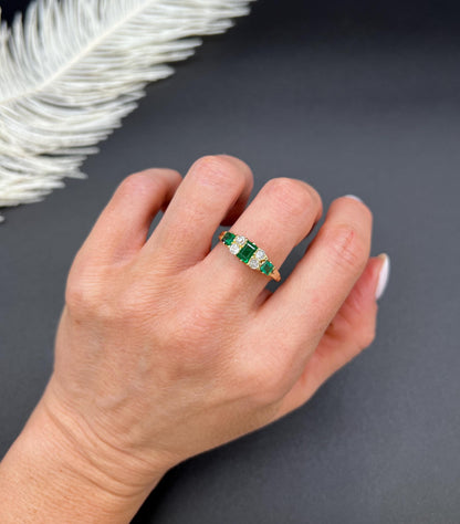 Antique 18ct Yellow Gold, Victorian Emerald and Diamond Carved Ring