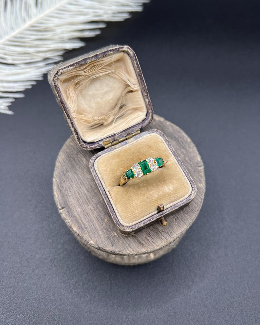Antique 18ct Yellow Gold, Victorian Emerald and Diamond Carved Ring