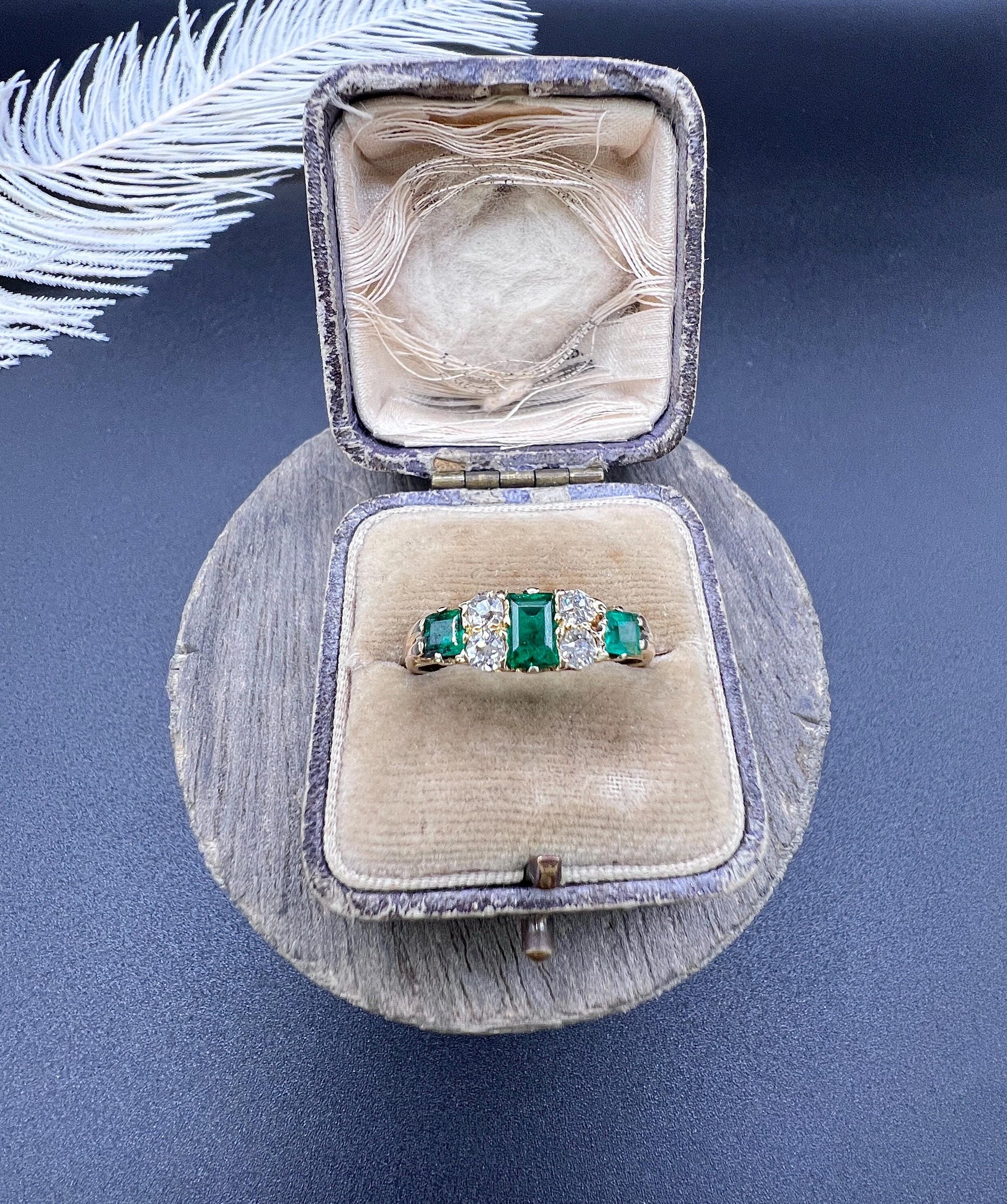 Antique 18ct Yellow Gold, Victorian Emerald and Diamond Carved Ring