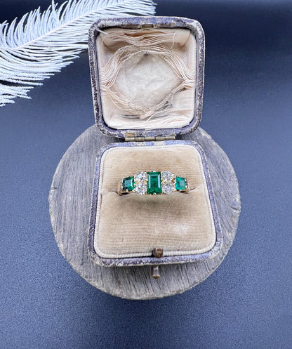 Antique 18ct Yellow Gold, Victorian Emerald and Diamond Carved Ring