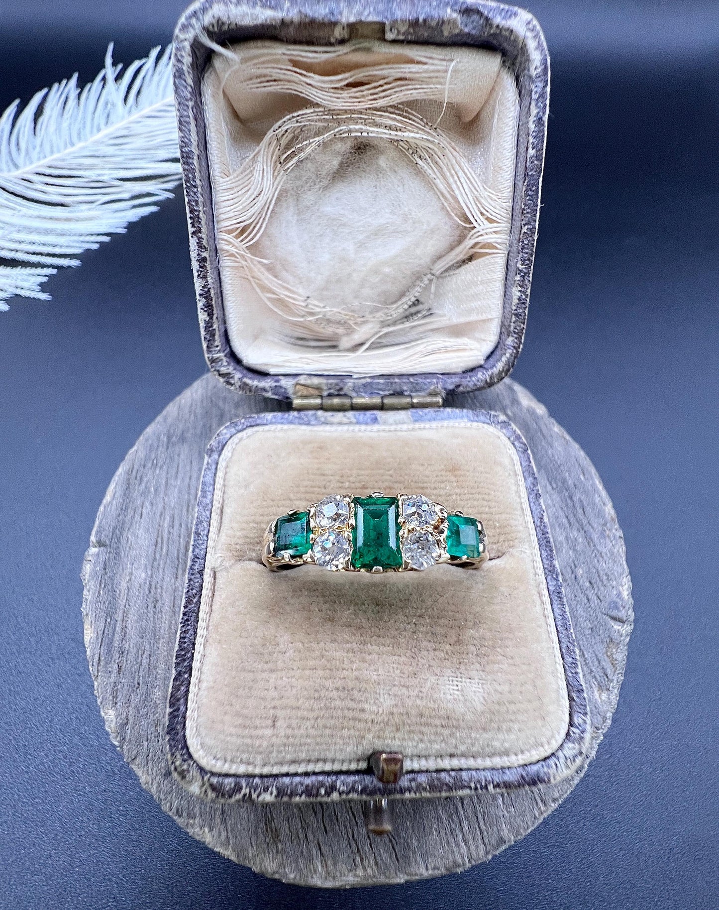 Antique 18ct Yellow Gold, Victorian Emerald and Diamond Carved Ring