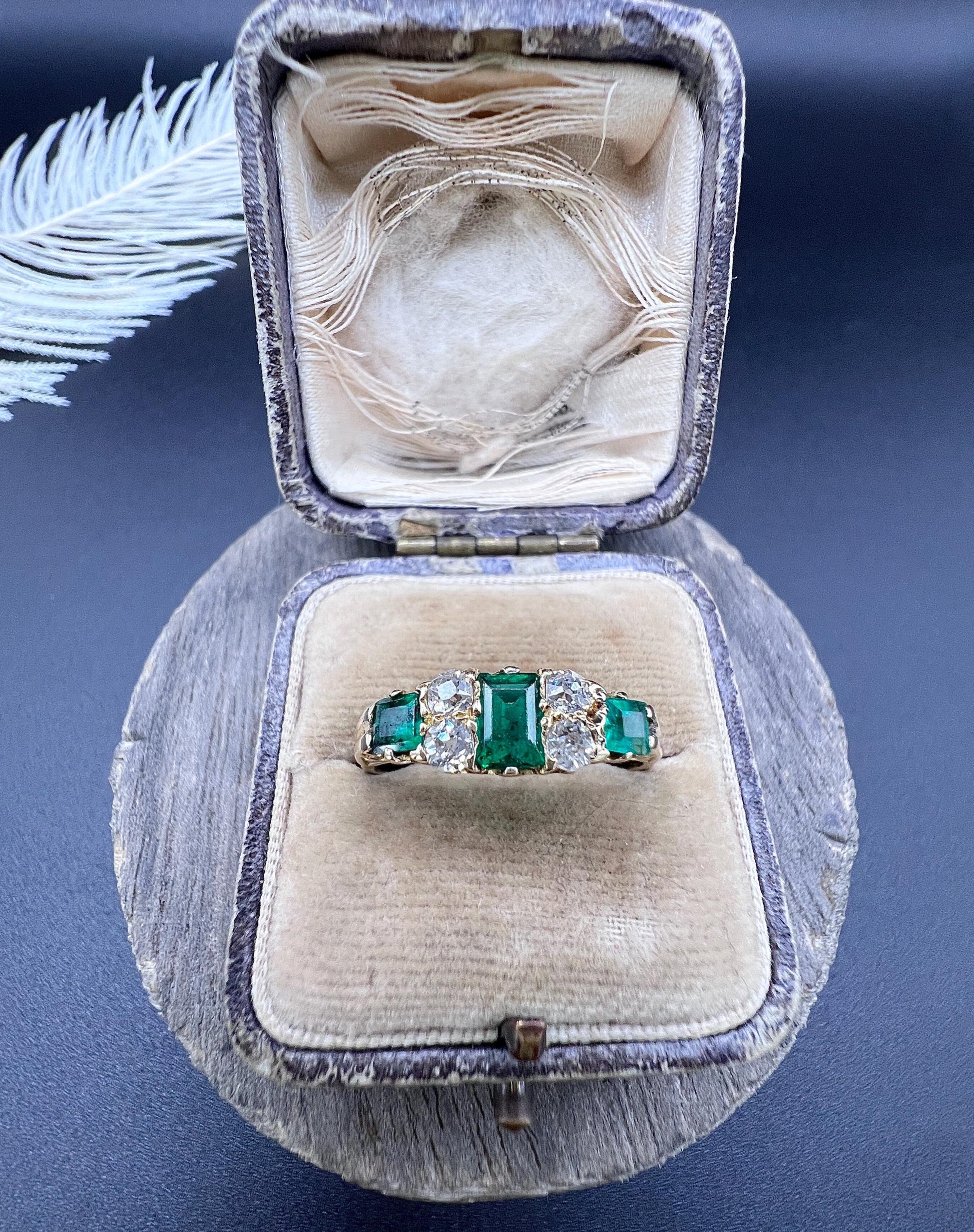 Antique 18ct Yellow Gold, Victorian Emerald and Diamond Carved Ring