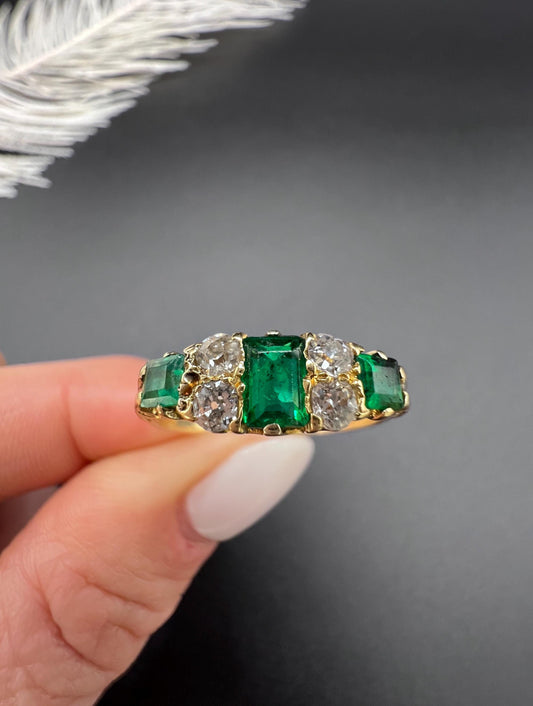 Antique 18ct Yellow Gold, Victorian Emerald and Diamond Carved Ring