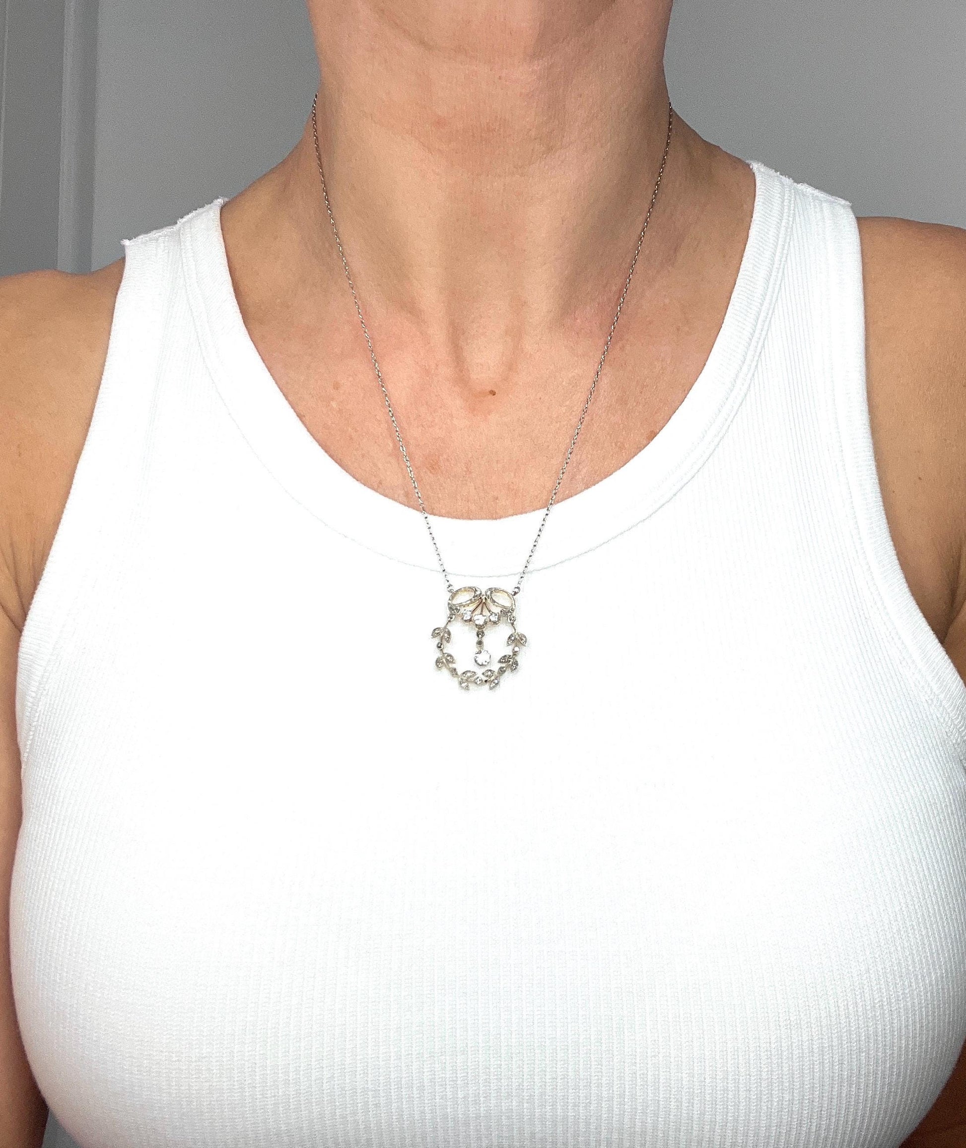 Antique 18ct Gold & Platinum, Edwardian Diamond Floral Pendant Necklace