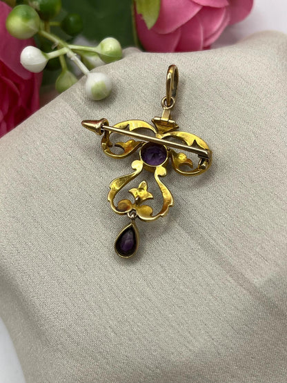 A yellow gold amethyst and seed pearl pendant/brooch
