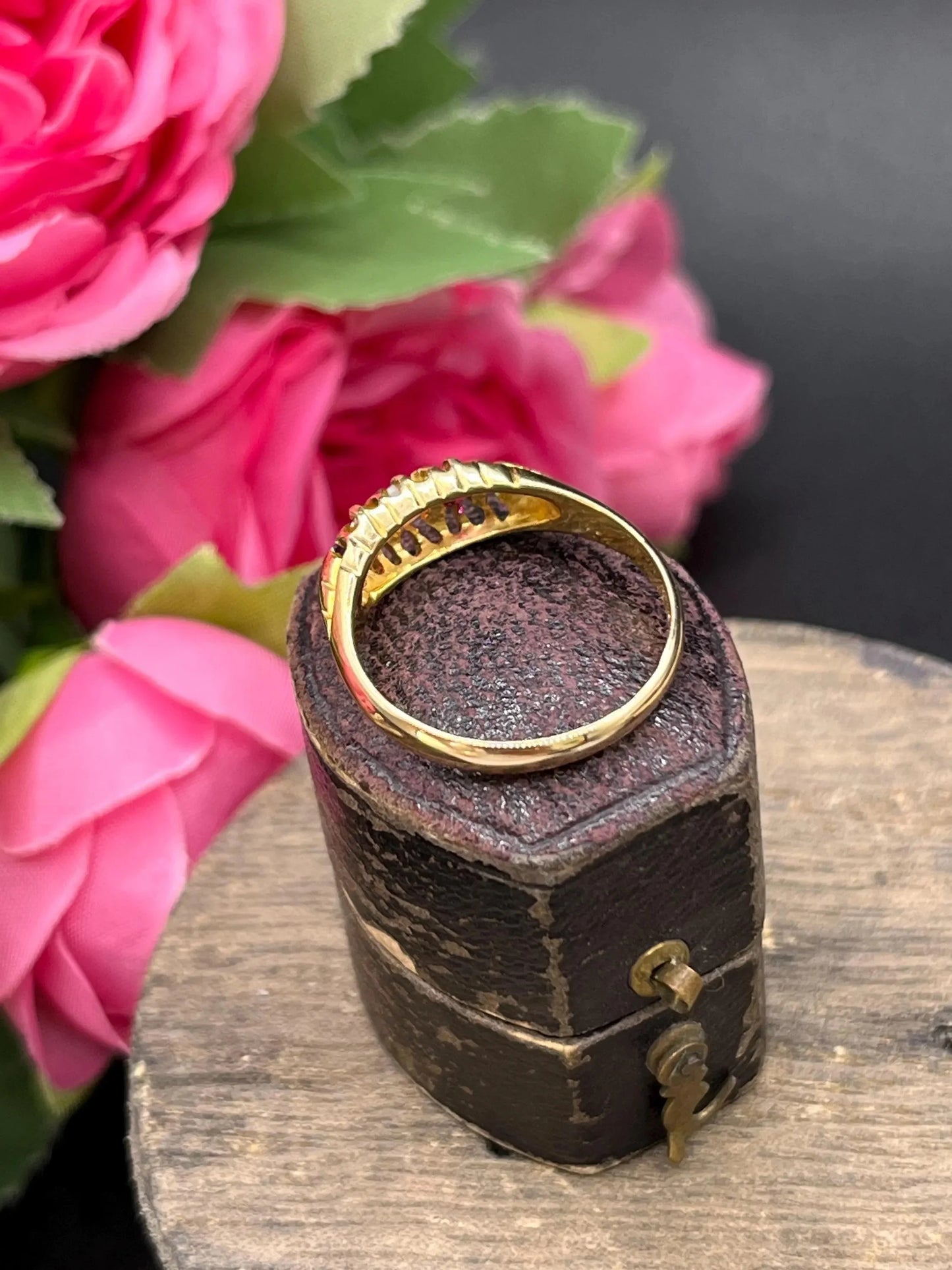 A yellow gold multi-gemstone acrostic ring, in an antique ring box