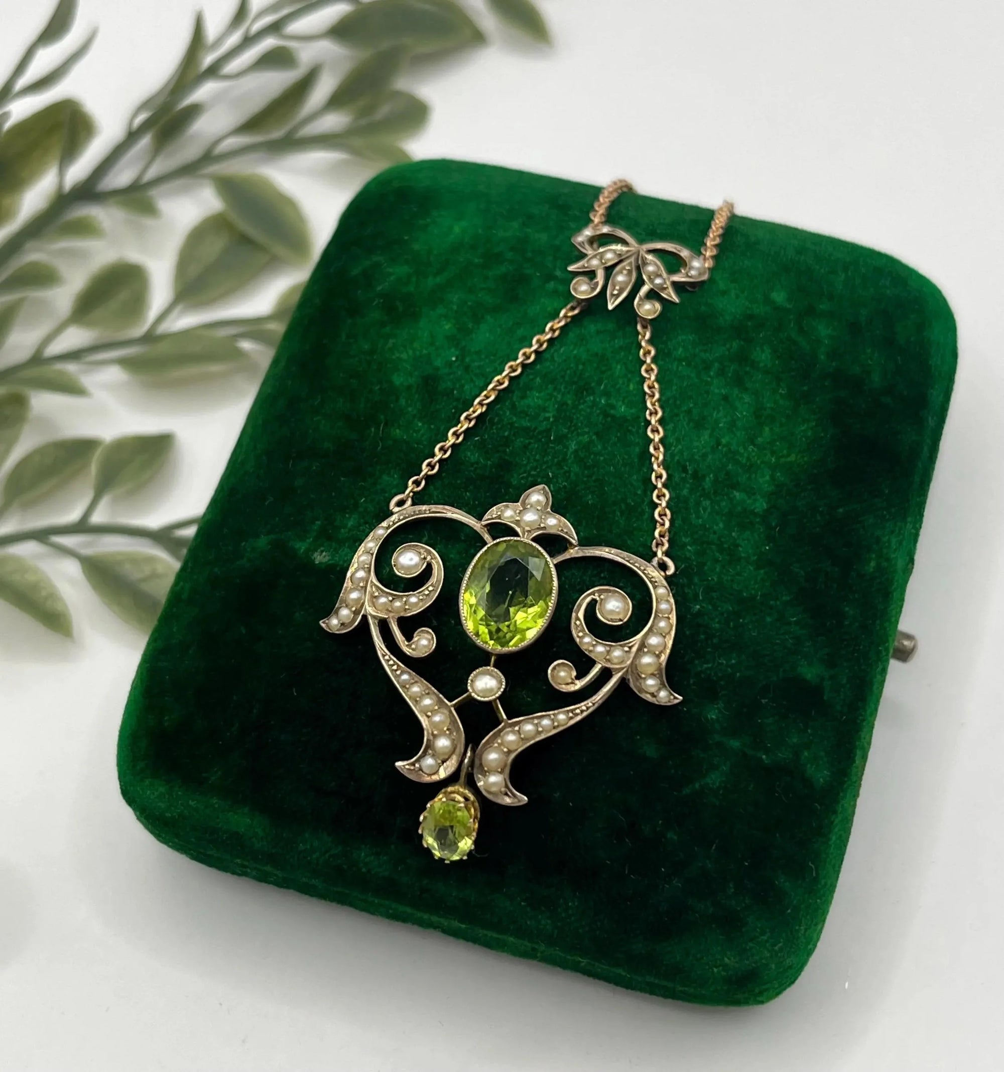 Antique 9ct Gold, Peridot & Pearl Pendant Necklace, Circa 1900