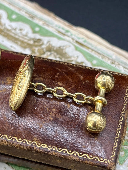 Victorian 18 Carat Yellow Gold Hand Engraved Cufflinks, Circa 1880