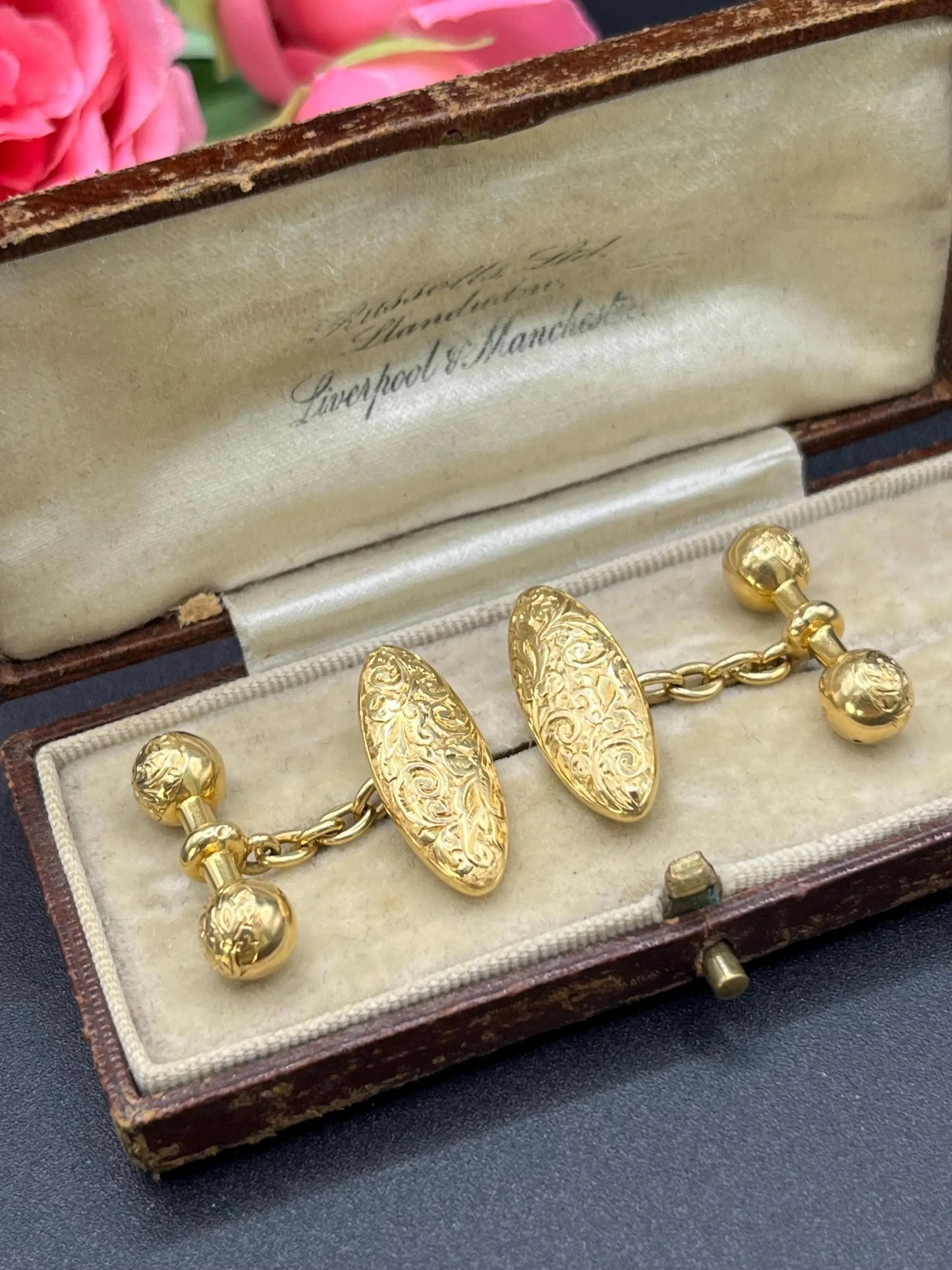 Victorian 18 Carat Yellow Gold Hand Engraved Cufflinks, Circa 1880