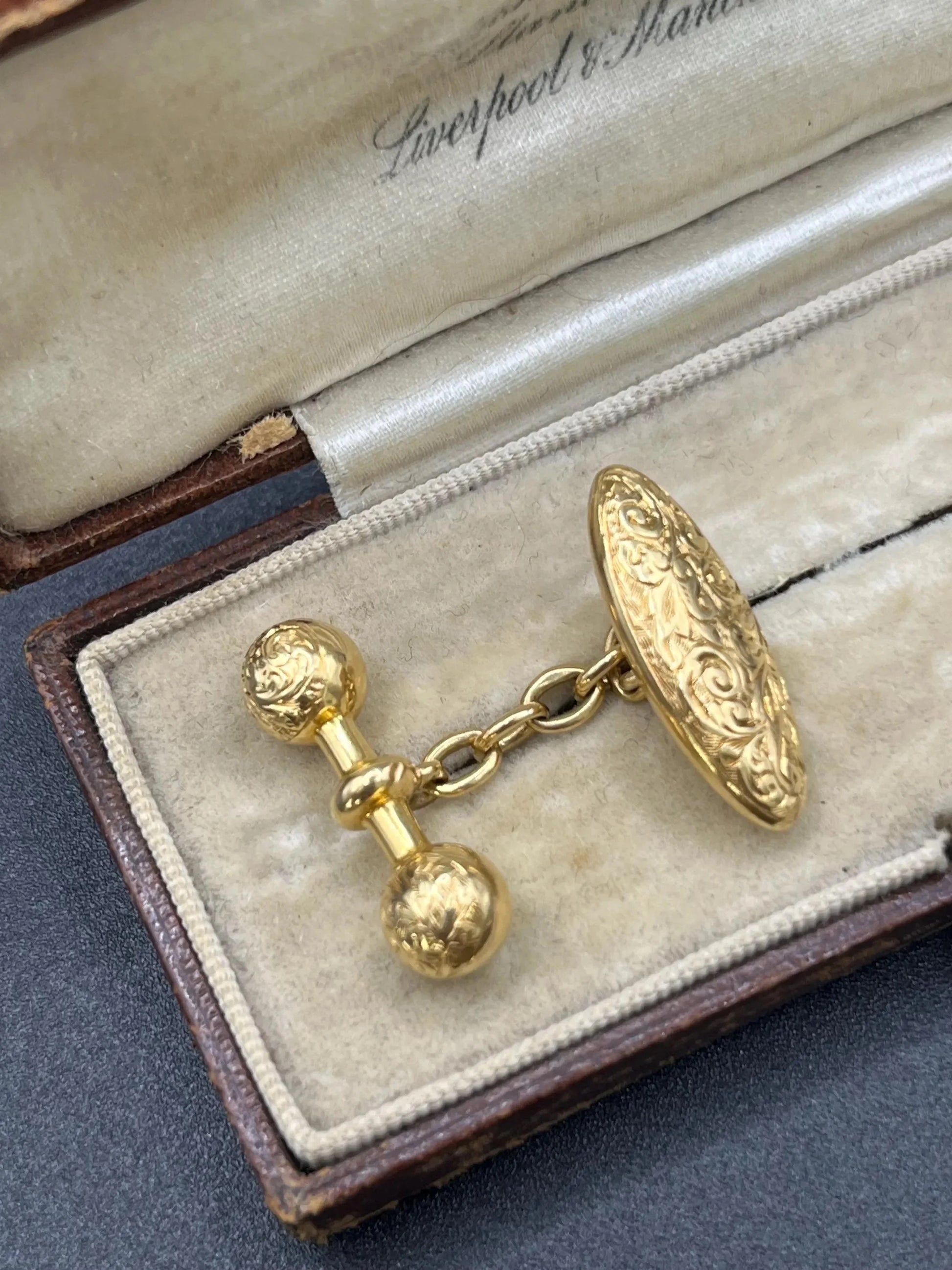 Victorian 18 Carat Yellow Gold Hand Engraved Cufflinks, Circa 1880