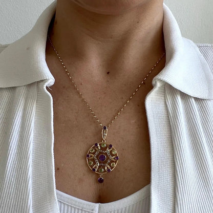 Antique Edwardian 9ct Gold Amethyst Pearl Peridot Suffragette Pendant