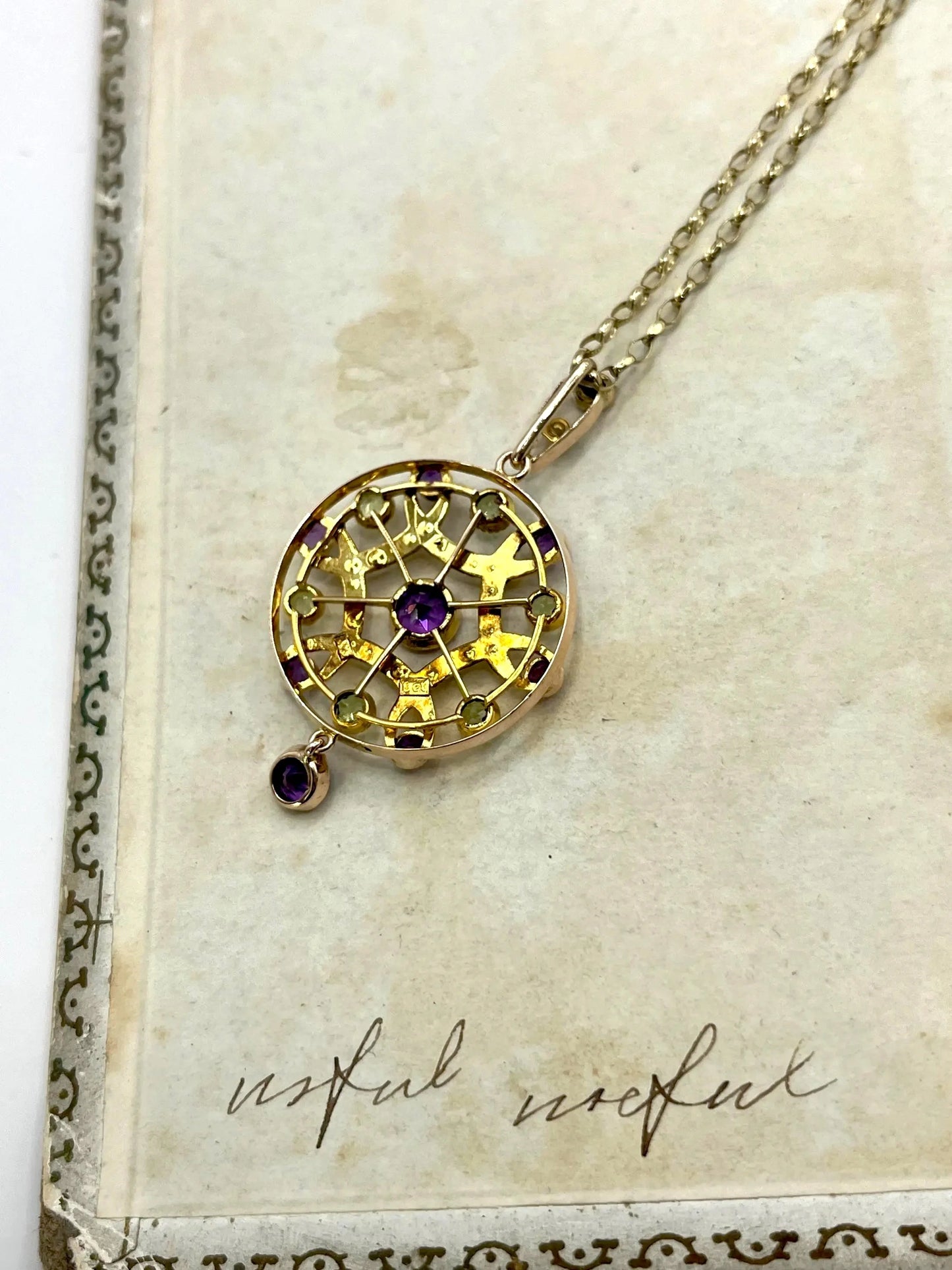 Antique Edwardian 9ct Gold Amethyst Pearl Peridot Suffragette Pendant