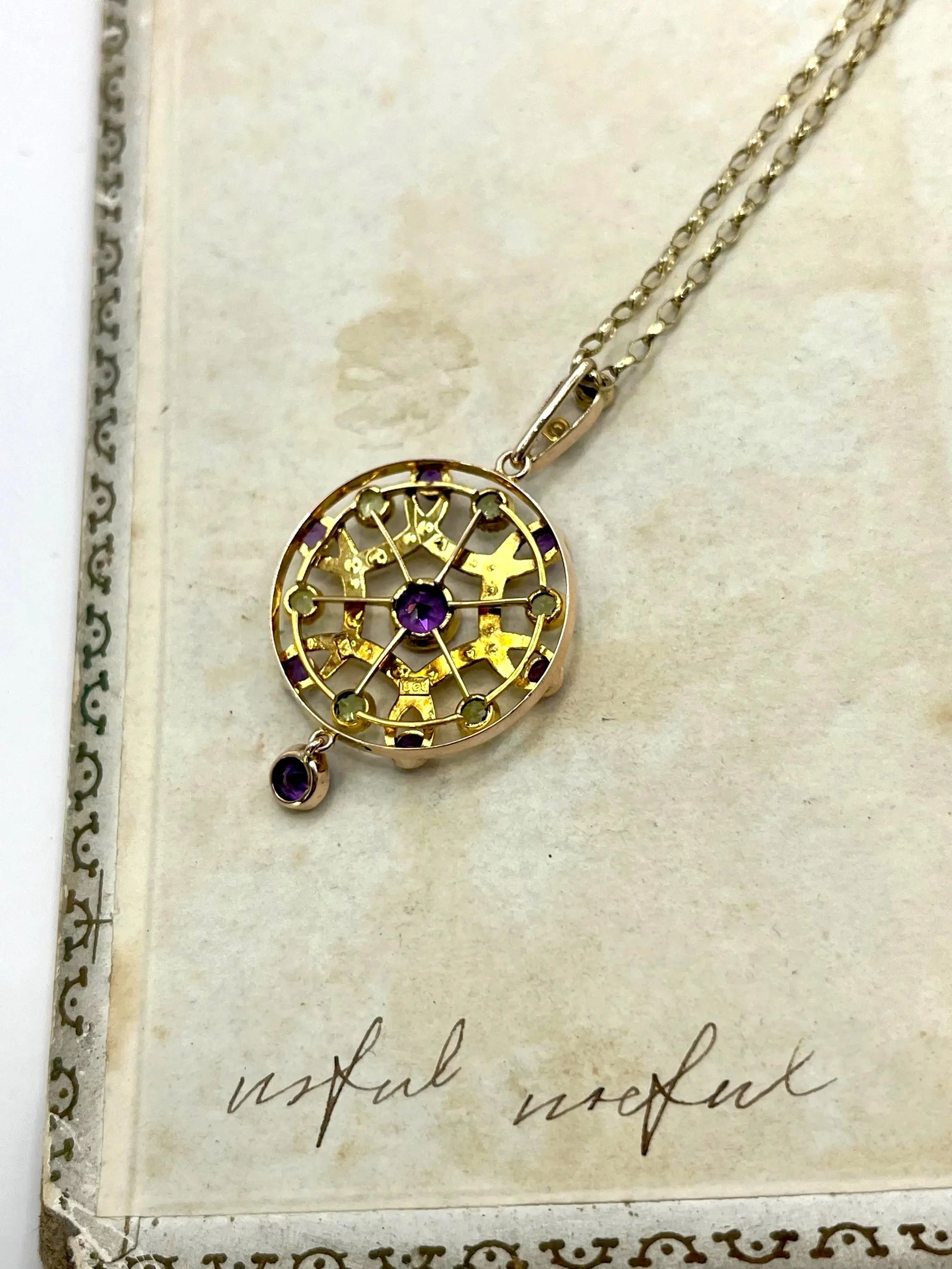 Antique Edwardian 9ct Gold Amethyst Pearl Peridot Suffragette Pendant