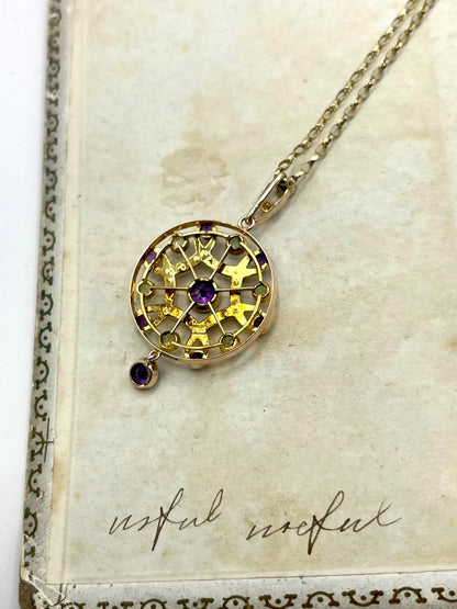 Antique Edwardian 9ct Gold Amethyst Pearl Peridot Suffragette Pendant
